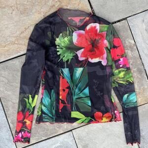 Desigual Black Floral Blouse with Red and Green Accents